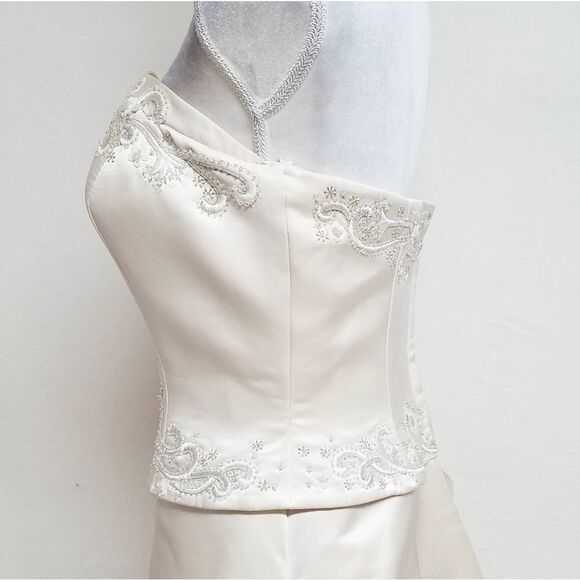 Oleg Cassini Rum Satin Strapless A-line Hand Beaded Organza Train Wedding Dress - Picture 8 of 16